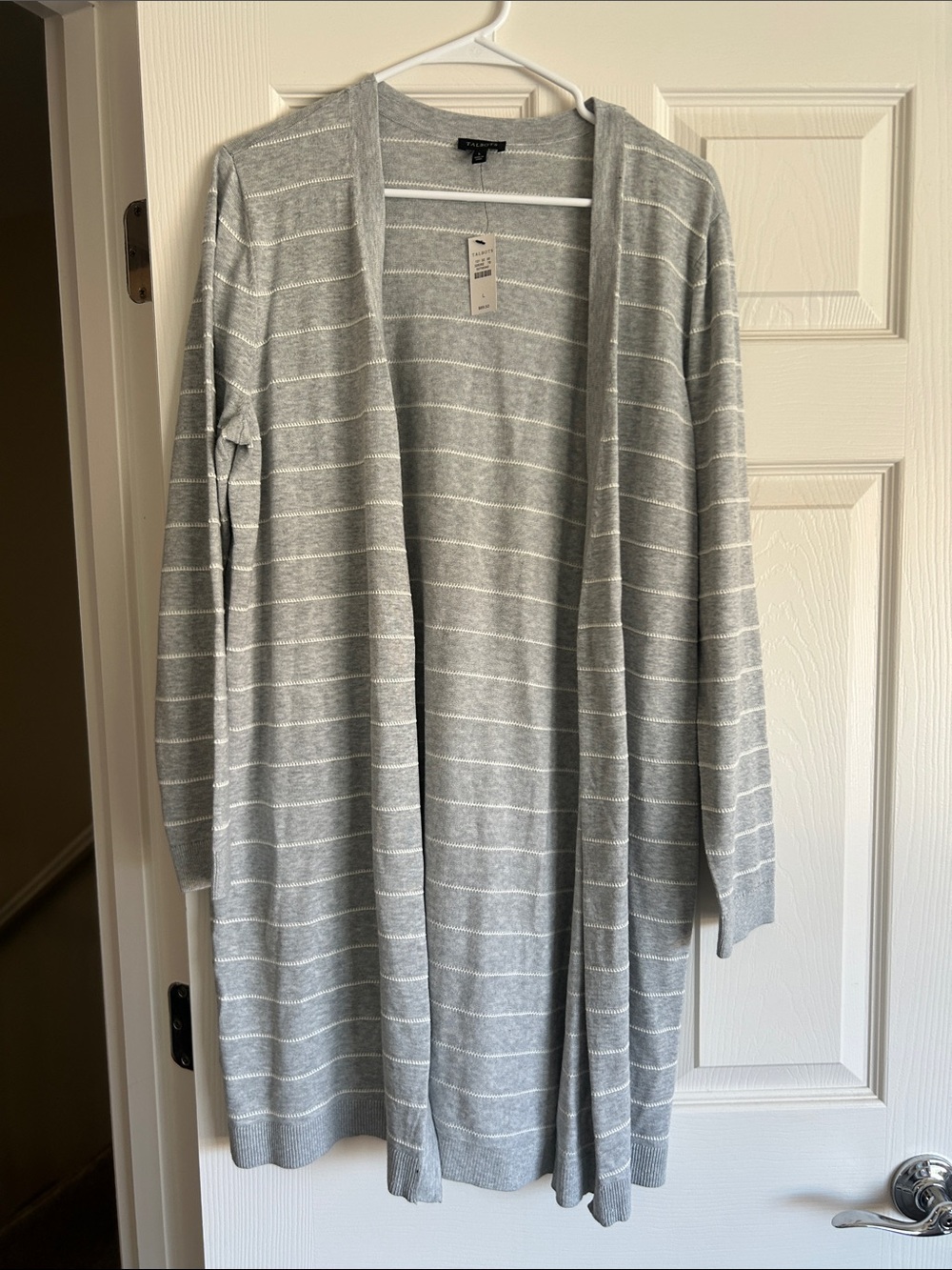 Talbots Gray and White Striped Open-Front Cardigan